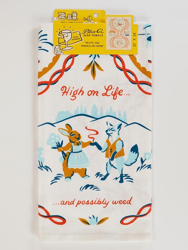 Blue Q Funny Dish Towel ~ High on Life, and Possibly Weed. 100% Cotton, Printed, Vibrant Colors, 28" x 21"