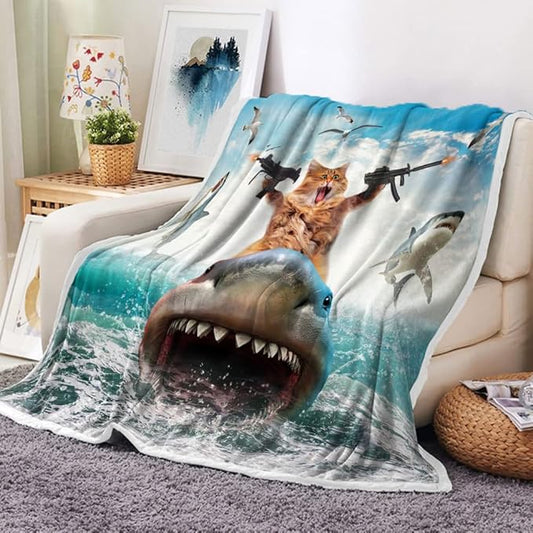 Funny Cat Throw for Kids, Farmhouse Cool Cat Riding Shark on Blue Ocean Fleece Throw Blanket Cozy Soft Lightweight Couch Sofa Bed,Blue Blankets Bedding Gifts for Girls Boys Teens Cute Throw Blanket