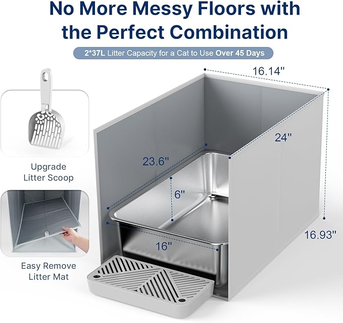 2 Set 23.6" x 15.7" x 6" Stainless Steel Litter Box with Cat Litter Box Enclosure Splash Guard, Metal Litter Box with All-in One High Sided Cat Litter Box Pee Shields, Removable Liiter Mat & Scoop