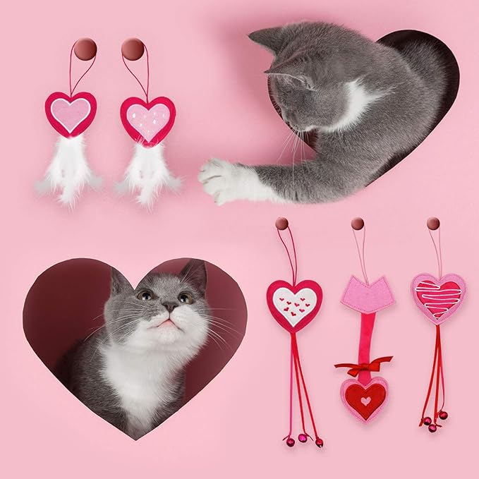 Valentine's Day Cat Toys, 5 Pack Catnip Toys with Feather and Bells, Hanging Cats Teaser Toys, Valentines Day Gifts for Indoor Cats & Kitten & Kitty
