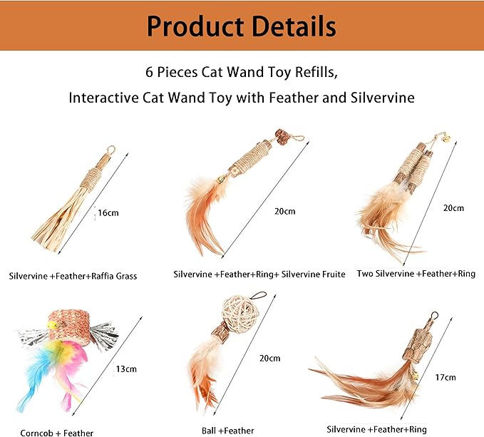 Cat Feather Toys Refills Cat Wand Replacement 6Pcs,Cat Teaser Wand Refills with Feather and Silvervine Sticks for Indoor Cat Chew Toy,Interactive Cat Wand Toy Refills