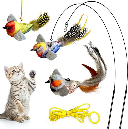 Cat Toys, Interactive Cat Toys Set, Simulated Bird Sound Interactive Feather Toys, Bird Cat Toys for Indoor Cats Teaser Play and Chase Exercise