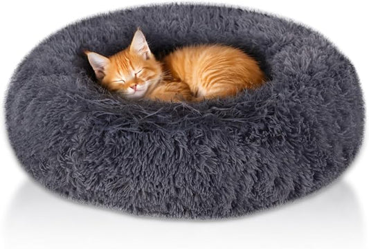 ShellKingdom Cat Beds for Indoor Cats, 24 inch Large Dog Bed for Small Medium Large Dogs, Cute Round Fluffy Plush Pet Bed for Puppy Kitten, Self Warming Calming Soft Donut Cat Bed, Grey