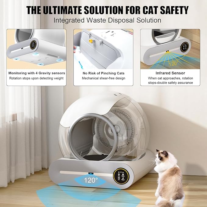 Automatic Cat Litter Box, 65L/9L Large Self Cleaning Cat Litter Box for Multiple Cats, White Cat Litter Box with Remote App Control via WiFi Connection, Quality Scooping-Free Cat Accessories