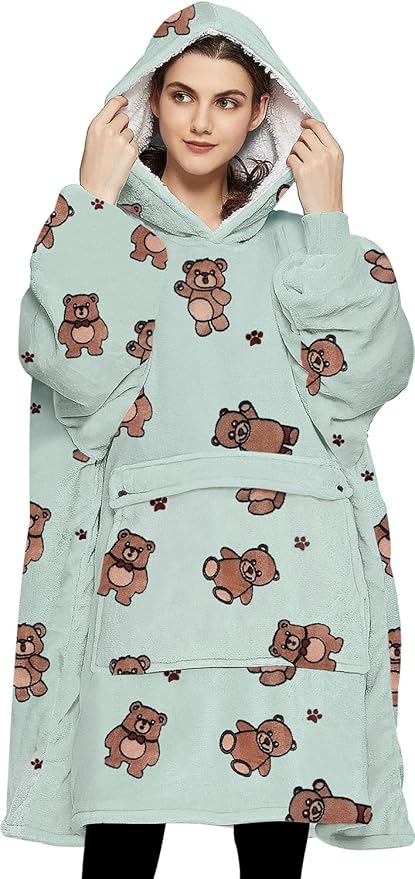 KFUBUO Wearable Blanket Hoodie for Adults Sherpa All Patterns Bear Oversized Sweatshirt Blanket with Pockets Cute Birthday Gifts for Women Green