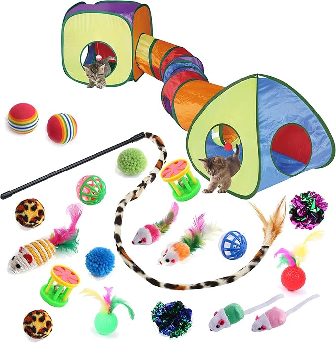 Cat Toys for Indoor Cats, Kitten Toys Set, Collapsible Pet Tunnel Cube Tent Toys, Interactive Cat Feather Teaser Wand Cat Bell Balls Fuzzy Ball Springs Mouse Toys for Cat Kitty (Rainbow)