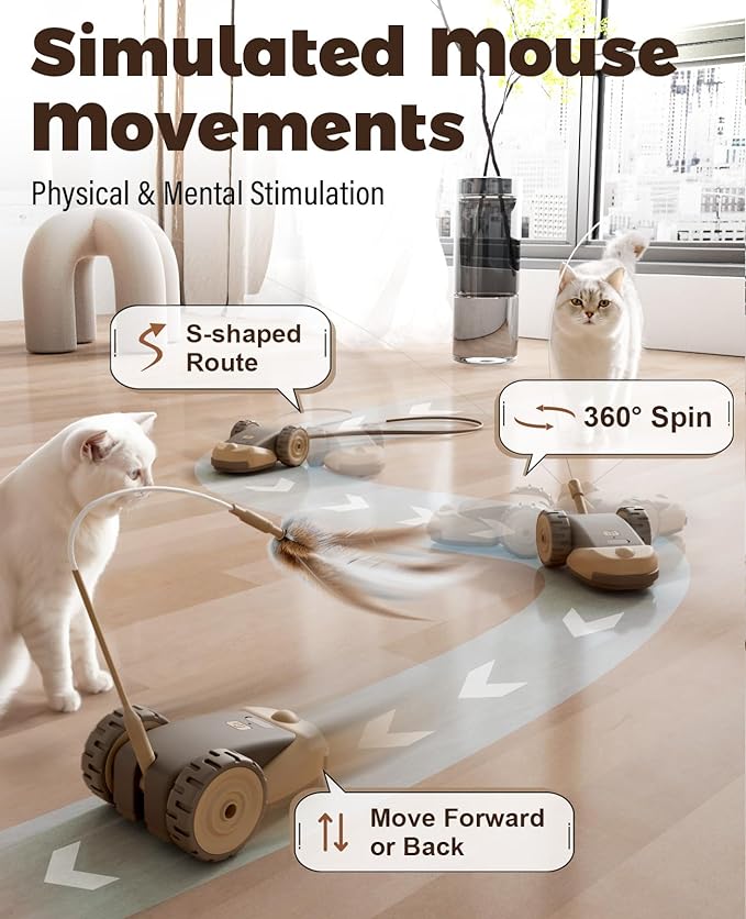 CYROS 3-in-1 Interactive Cat Toy - 2-Speed Automatic Moving Mouse Cat Toys Self Play with 2pcs Hanging Feather String Ribbon and Wiggly Silicone Mice Tail for Bored Indoor Adult Cats Kittens