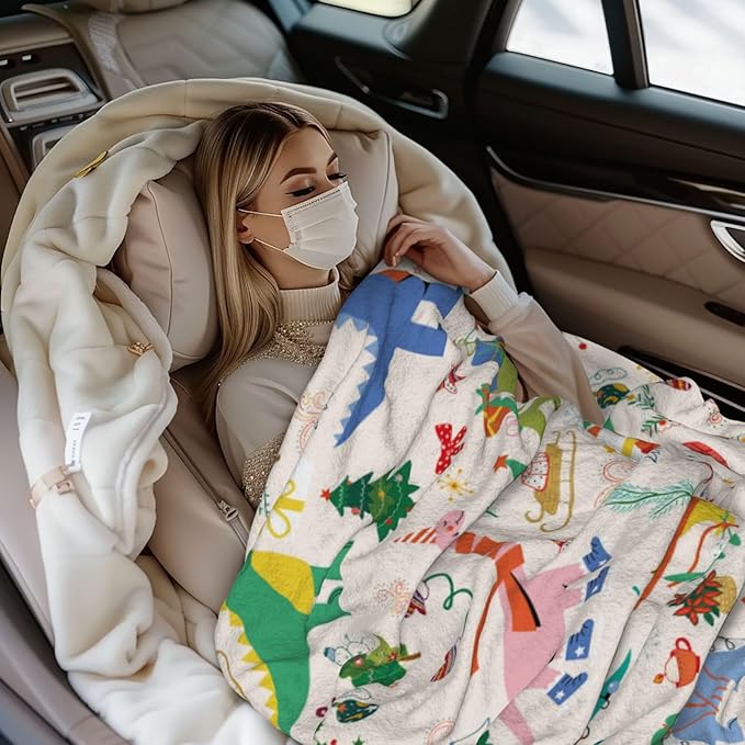 Kids Christmas Cute Dinosaur Print Blanket Throw 50"x40", Cozy Lightweight Plush Flannel Blanket, Soft Warm Decorative for Kids Women