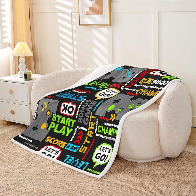 Feelyou Gamer Throw Blanket Kids Boys Gaming Video Game Blanket for Bed Couch Sofa Games Gamepad Warm Fleece Sherpa Blanket All Season Ultra Soft Game Home Decor Fuzyy BlanketQueen 90"x90"