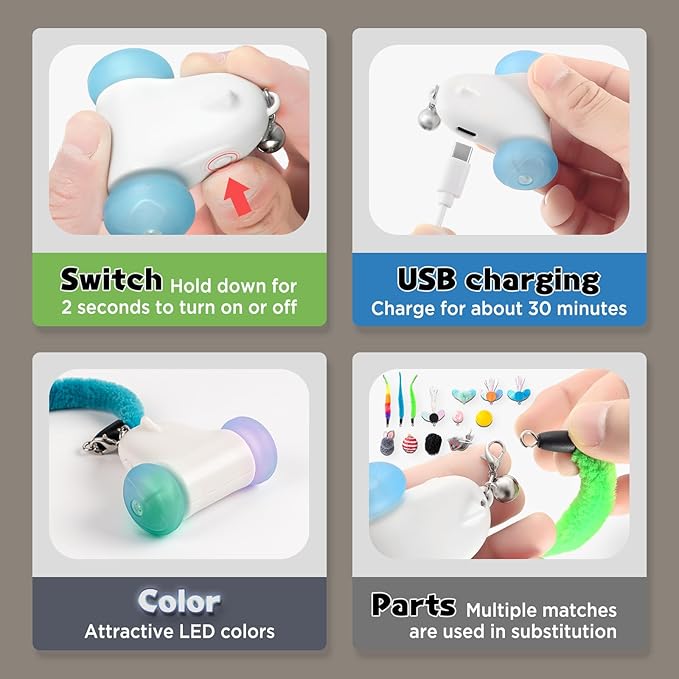 Interactive Cat Toys for Indoor Cats, 2-Speed Smart Automatic Cat Mouse Toy with LED Wheels, USB Rechargeable, with 13 Toy Pendants (New Model)