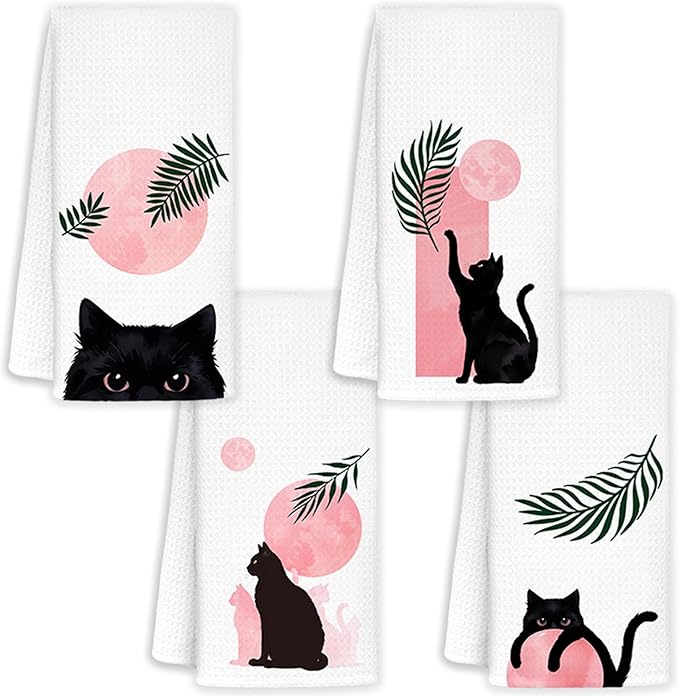 Boho Black Cat Kitchen Towels Set of 4, Pink and Black Cat Hand Towels for Bathroom, Boho Botanical Cat Dish Towels, Black and Pink Bathroom Decor, Cat Kitchen Decor, 16x24 Inch