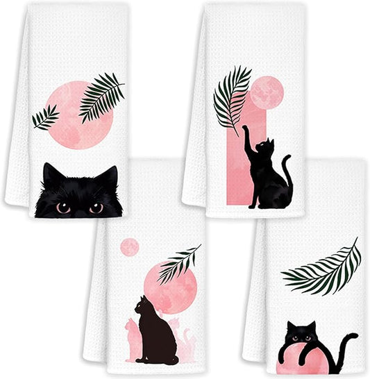 Boho Black Cat Kitchen Towels Set of 4, Pink and Black Cat Hand Towels for Bathroom, Boho Botanical Cat Dish Towels, Black and Pink Bathroom Decor, Cat Kitchen Decor, 16x24 Inch