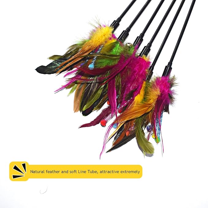 IUHKBH Cat Feather Wands, 6 PCS Interactive Cat Teaser Wand Colorful Feather Cat Wand with Bell for Cats, Kitties