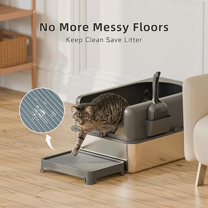 High-Sided Stainless Steel Cat Litter Box,Stainless Steel Litter Box with Lid,Extra Large Litter Box,Easy-to-Clean Metal Litter Pan for Cats (24''L X 16''W X 12''H with Scoop&mat)