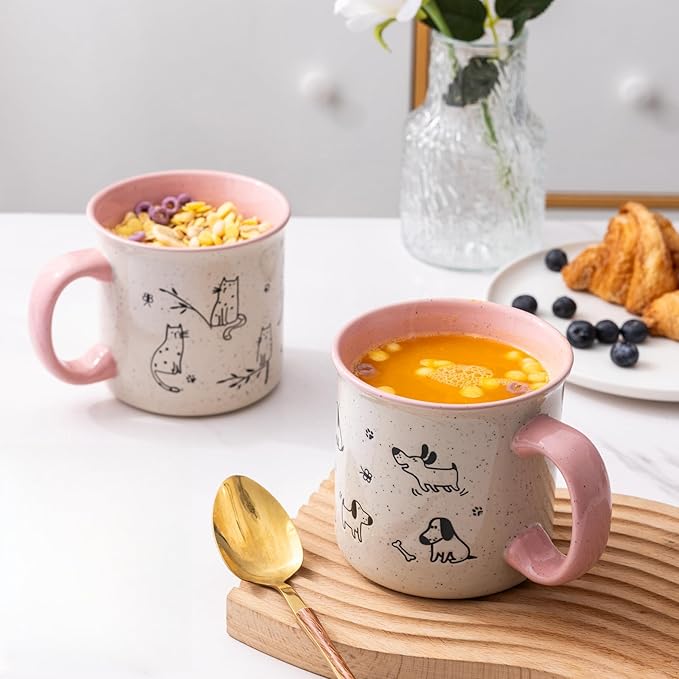 AmorArc 22 OZ Large Ceramic Coffee Mugs Set of 2, Oversized Mugs With Big Handle for Men Women Dad Mom, Big Mug With Textured Dogs Cats Patterns for Office & Home -Microwave Safe, 2 Pcs-Pink