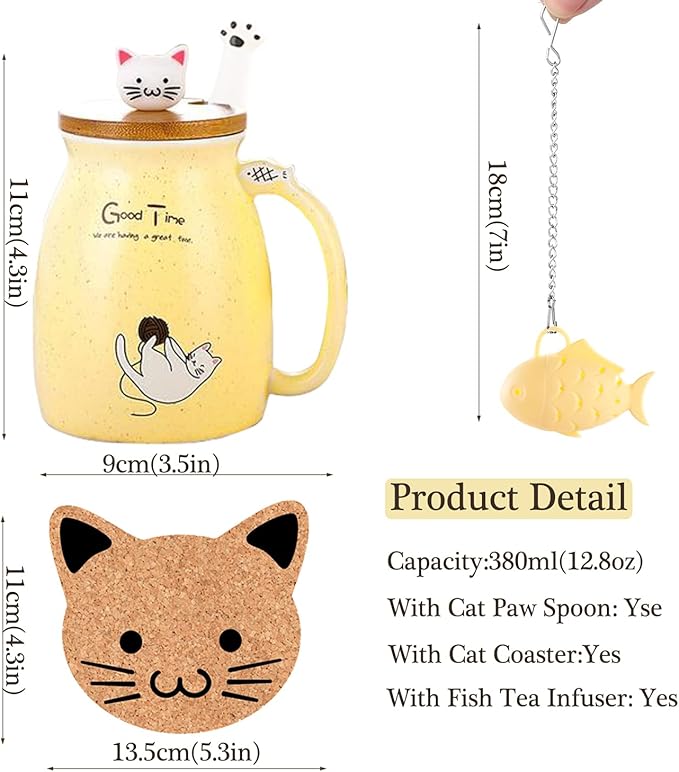 BigNoseDeer Tea Cup With Infuser and Lid Ceramic Coffee Mug Kawaii Cat Mug Cute Mugs Tea Mug Cute Cool Preppy Stuff Cat Gifts Birthday Gifts Cute Gifts for Women Girls(13oz)
