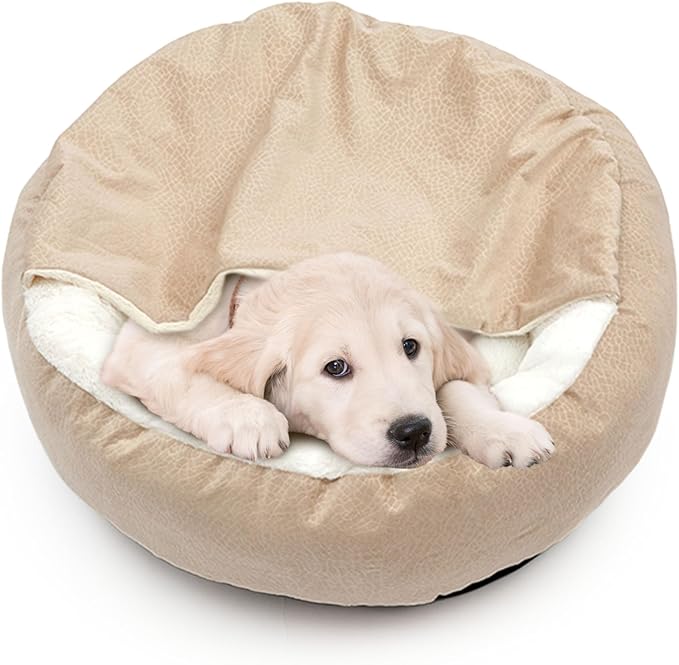 Dog Bed Warm with Hooded Blanket, Anti-Anxiety Puppy Pet Bed Cave Super Soft, Non-Slip Bottom, Machine Washable, Cozy Donut Indoor Pet Beds Fluffy for Dogs and Cats, Fits up to 26.5lbs, 23.6inch Beige