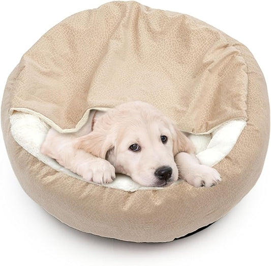Dog Bed Warm with Hooded Blanket, Anti-Anxiety Puppy Pet Bed Cave Super Soft, Non-Slip Bottom, Machine Washable, Cozy Donut Indoor Pet Beds Fluffy for Dogs and Cats, Fits up to 26.5lbs, 23.6inch Beige