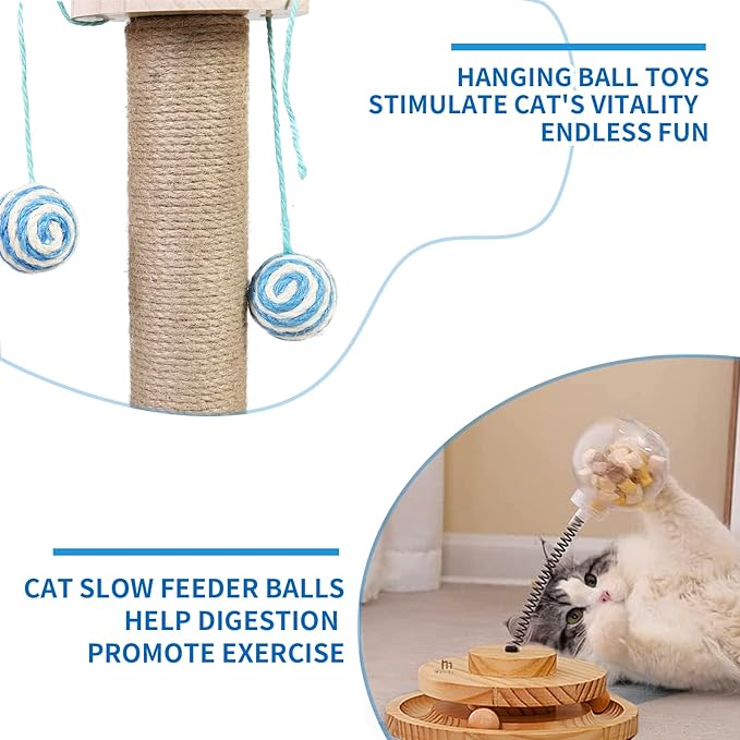 Marchul 4 in1 Interactive Cat Toy, Natural Sisal Cat Scratching Post with Hanging Balls, Cat Toys with Roller Track Ball by Wooden, Cat Food Feeder Toy with Treat Ball for Indoor Cats and Kittens