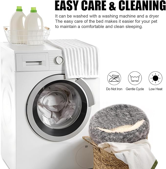 Calming Dog Beds & Cat Cave Bed with Hooded Cover,Washable Round Beds for Small Medium Pets,Anti-Slip Faux Fur Fluffy Coved Bed,Comfortable Warming Pet Bed (16 * 16inch,Grey)