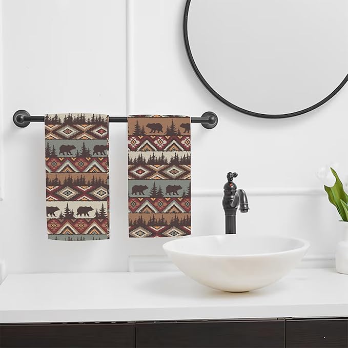 Vintage Brown Bear and Forest Kitchen Hand Towel Set of 2,Wild Animals Bathroom Hand Towel,Soft Absorbent Decorative for Bathroom Kitchen Hotel Gym Yoga