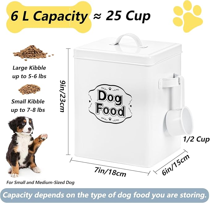 Youeon 5 Lbs- 25 Cup Metal Dog Food Storage Container with Lid and Scoop, Airtight Dog Treat Container, Farmhouse Pet Food Storage Container, Cute Dog Food Canister, Gift for Dogs and Owners, White