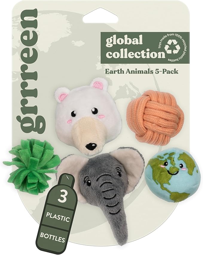 Stuffed Animal Cat Toy | Earth Animals Mixed Bundle | Value 5-Pack for Indoor Cats | Cute Interactive Plush Toys | Made of Eco-Friendly Materials - Go Green!