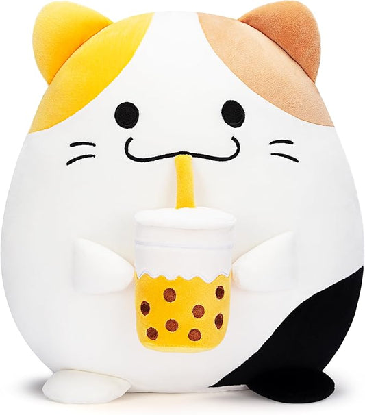 Original 12.5-inch Large Calico Cat Plush Pillow Stuffed Animal Toy,Big Size Cute Soft Fat Hugging Cuddle Huggable Plushie,Gift for Kids