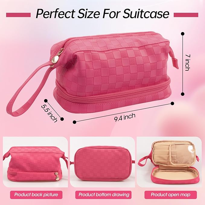 Abiudeng Large Capacity Makeup Bag Ladies Cosmetic Bag Travel Bag with Compartments Portable PU Leather Travel Makeup Bag with Handle