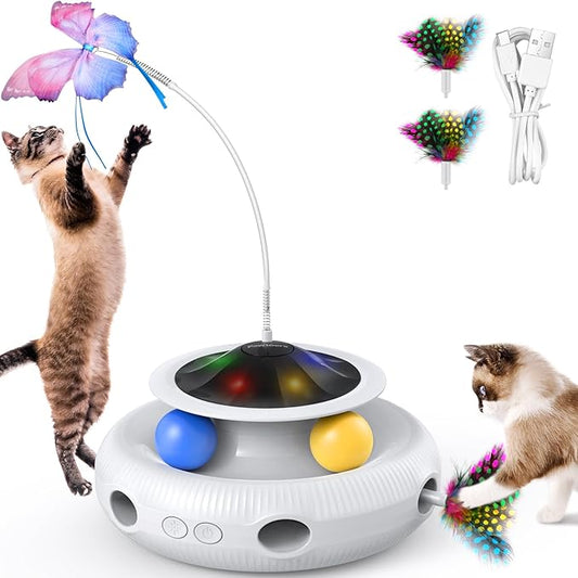 Interactive Cat Toys: 3 in 1 Automatic Cat Toy for Indoor Cats, Electric Kitten Toy with USB Rechargeable, Self Play Kitty Toy with Spinner Fluttering Butterfly, Track Ball and 2 Ambush Feathers