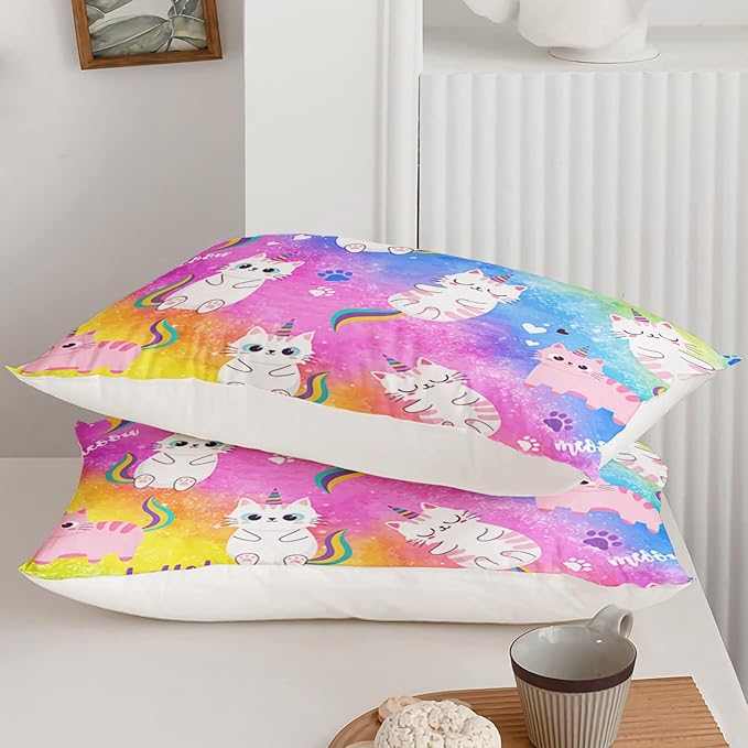 Axolotl Cat Bedding Full Cartoon Comforter Set, Rainbow Printed Kids & Adults Bedding Set, All Season, 1 Quilt 2 Pillow Cases, Colorful Pink Blue