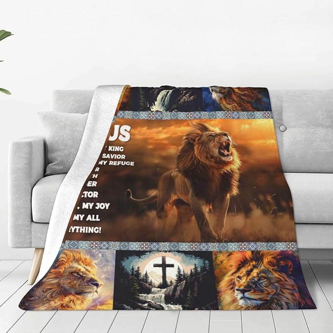 Jesus Lion Blanket Christian Decor Throw Blanket Super Warm Soft Plush Lightweight Fleece Flannel Winter Cross Animal Blanket Gifts for Prayer Girls Women Adults Boys Baby Kids Couch Bedding 50"X60"
