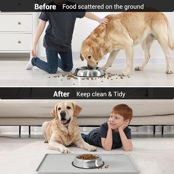 Coomazy Dog Cat Food Mat, Waterproof Non-Slip Silicone Feeding Mat for Floor, with Raised Edge to Prevent Food Spills and Water Runoff (Gray, 18.9x11.8)