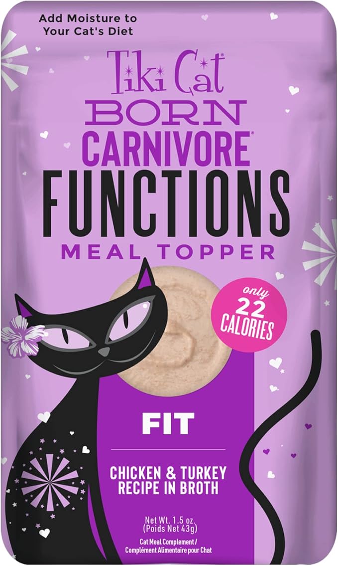 Tiki Cat Born Carnivore Functions Fit, Chicken & Turkey Recipe in Broth, Formulated to Support Optimal Body Condition, Mousse Cat Food Topper, 1.5 oz. Pouch (12 Count)