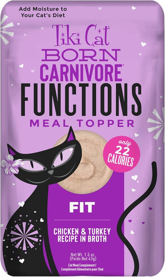 Tiki Cat Born Carnivore Functions Fit, Chicken & Turkey Recipe in Broth, Formulated to Support Optimal Body Condition, Mousse Cat Food Topper, 1.5 oz. Pouch (12 Count)