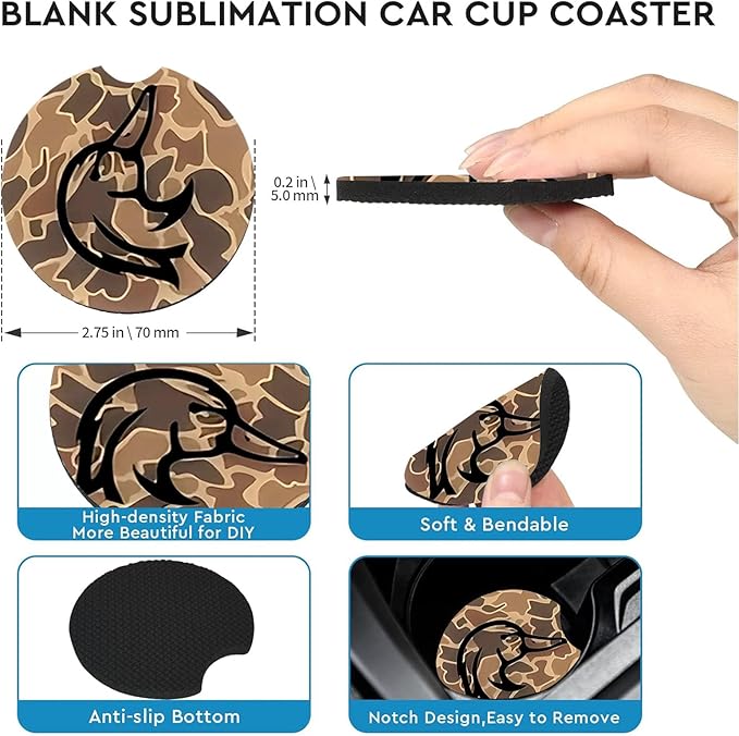 Car Coasters for Cup Holders,2 Pack Brown Camo Wood Duck Car Coasters,2.75" Universal Size Anti Slip Rubber Mat,Automotive Cup Holder Decal Decor Accessories,Gifts for Duck Lovers Women,Men,Mom