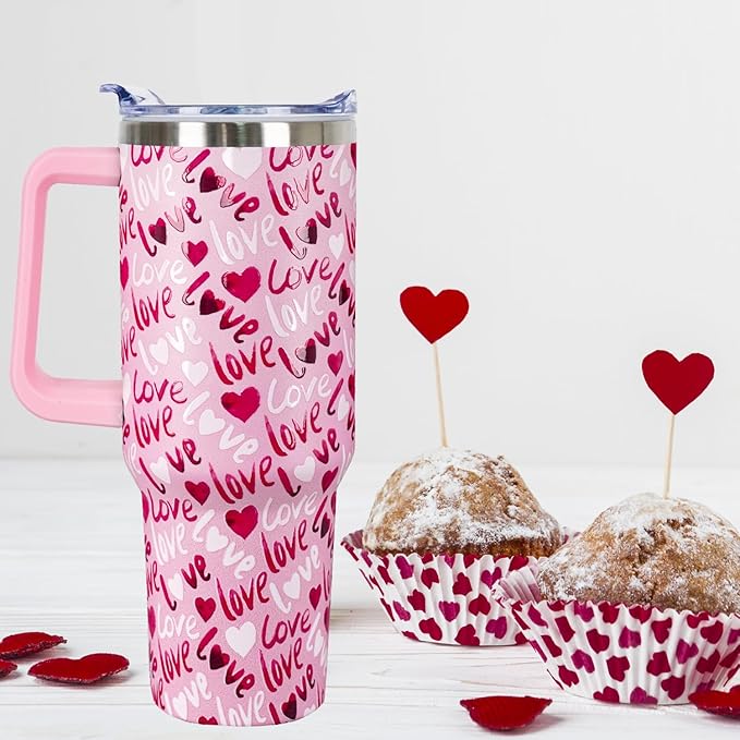 40 Oz Valentines Day Tumbler 3d-Printed Pink Love Tumbler Gifts for Couple Women Men Insulated Travel Cup with Handle Lid and Straw