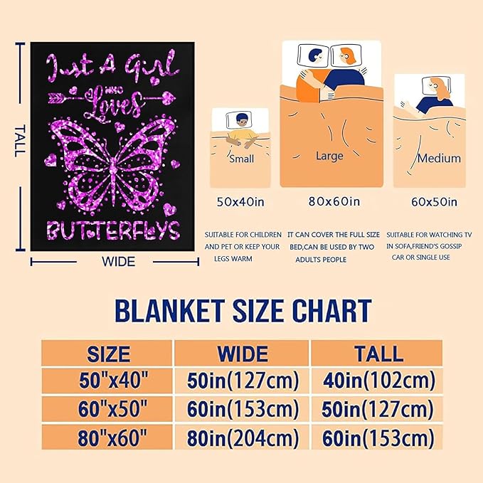 Butterfly Blanket Soft Cozy Warmth Flannel Butterflies Throw Blankets Just A Girl Who Loves Butterfly Blankets Bedding Decor for Sloth Lover Girls Women Adults Gifts 50"x40"