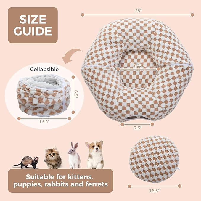 PEQULTI Cat Tunnel with Cat Bed for Indoor Cats, Cat Play Donut Tunnel with Washable Soft Plush Mat, Round Cat Tunnel Toys Cute Cat Tube for Kittens, Puppies, Rabbits and Ferrets, Brown
