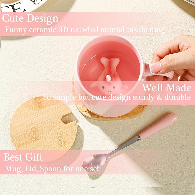 BigNoseDeer Kawaii Pink Unicorn Mug - 3D Narwhal Inside, Ceramic Coffee Mug with Lid & Spoon for Teen Girls & Women, 13.5oz