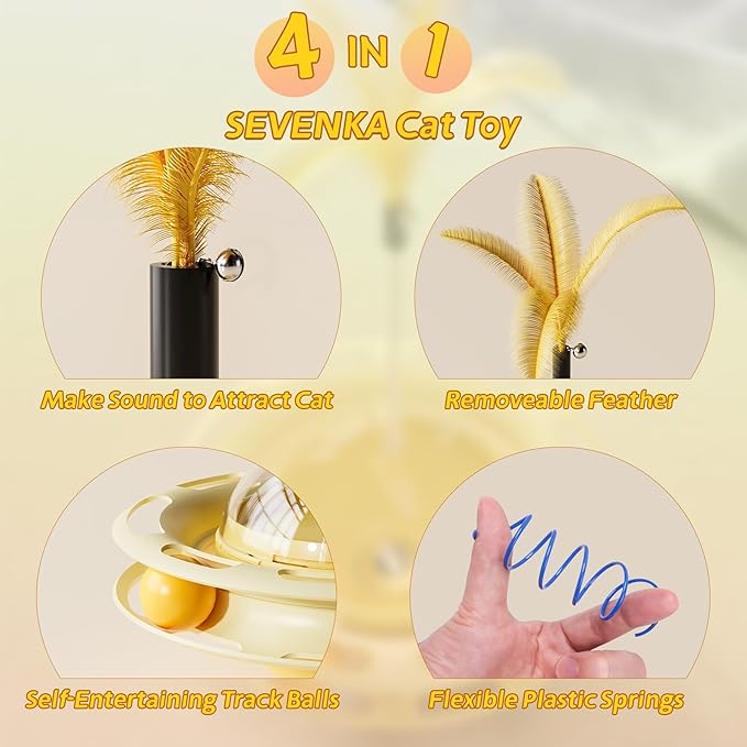 SEVENKA Cat Toys, 4in1 Interactive Kitten Toy, Fluttering Feather Toy, Track Ball, 16 Cat Spiral Spring, Slow Cat Treats Dispenser Cat Feeder Cat Food Dispensing Pet Supplies, Indoor Exercise Kicker