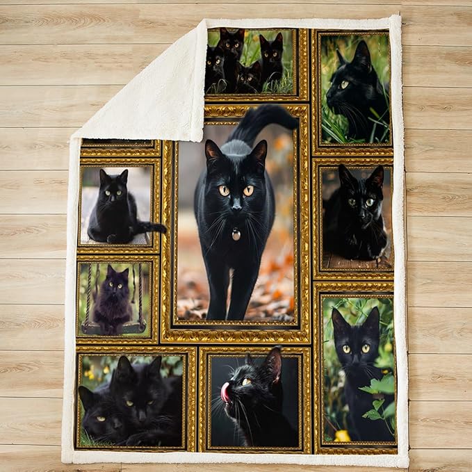 Feelyou Black Cat Fleece Throw Blanket for Bed Sofa Couch Cute Cat Plush Blanket 40"x50" Kawaii Kitten Sherpa Blanket Gift for Havana Cat Lover Fuzzy Blanket Flannal Blanket