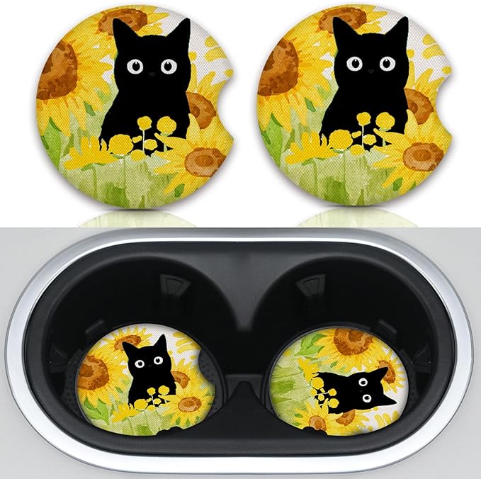 Car Coasters for Cup Holders，Sunflowers and Cat Cute Car Assecories for Women,2 Pack Cup Holder Coasters for Car, Anti Slip Rubber Car Cup Mat with A Finger Notch 2.75"