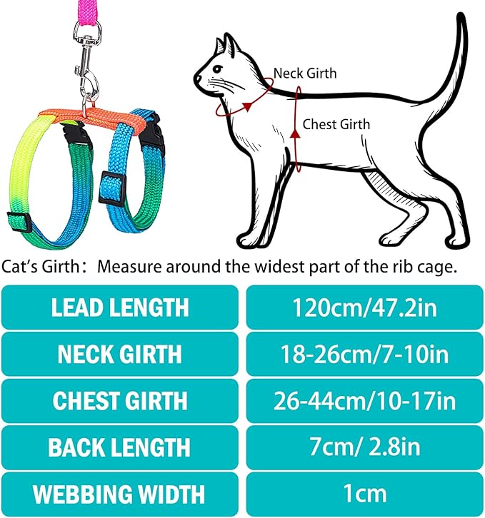PUPTECK Adjustable Cat Harness and Leash Set Escape Proof Kitten Strap Collar for Walking Travel, Multicolor