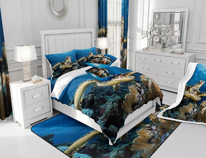 Sea Turtle Sherpa Blanket 3D Reptile Printed Fleece Throw Blanket for Sofa Couch Bed Ocean Marine Themed Plush Blanket Ultra Soft Decor Underwater Animal Pattern Fuzzy Blanket King 87x95 Inch