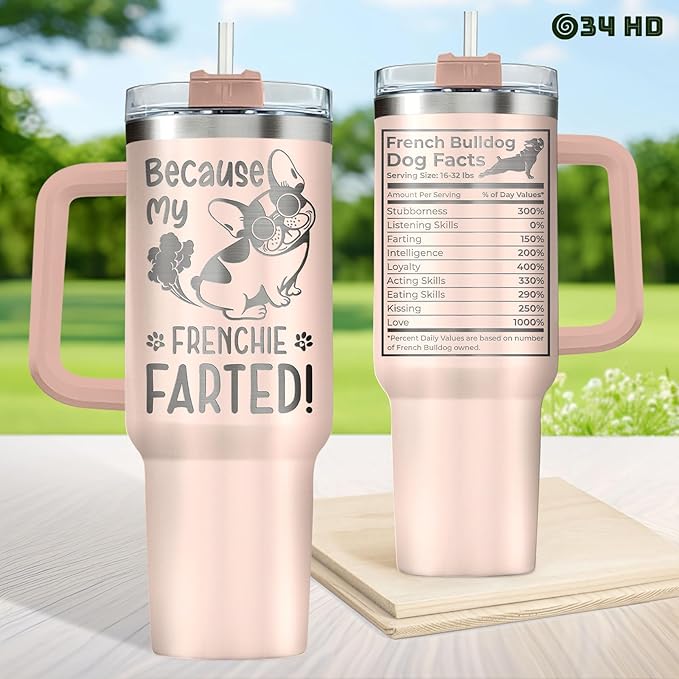 34HD 40oz French Bulldog Tumbler with Handle and Straw, Vacuum Insulated French Dog Coffee Mug with Lid, Birthday Gifts for Pet Owners, Funny Gifts for Dog Mom Mothers Day Women