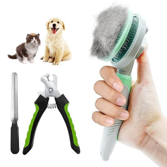 3PCS Grooming Kit: Self-Cleaning Slicker Brush, Nail Clipper & File for Dogs & Indoor Cats (Green)