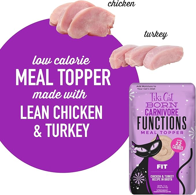 Tiki Cat Born Carnivore Functions Fit, Chicken & Turkey Recipe in Broth, Formulated to Support Optimal Body Condition, Mousse Cat Food Topper, 1.5 oz. Pouch (12 Count)