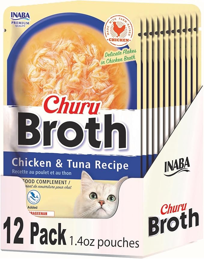 INABA Churu Broth for Cats, Creamy Broth with Shredded Chicken Side Dish Pouch, 1.4 Ounces per Pouch, 12 Pouches, Chicken & Tuna Recipe