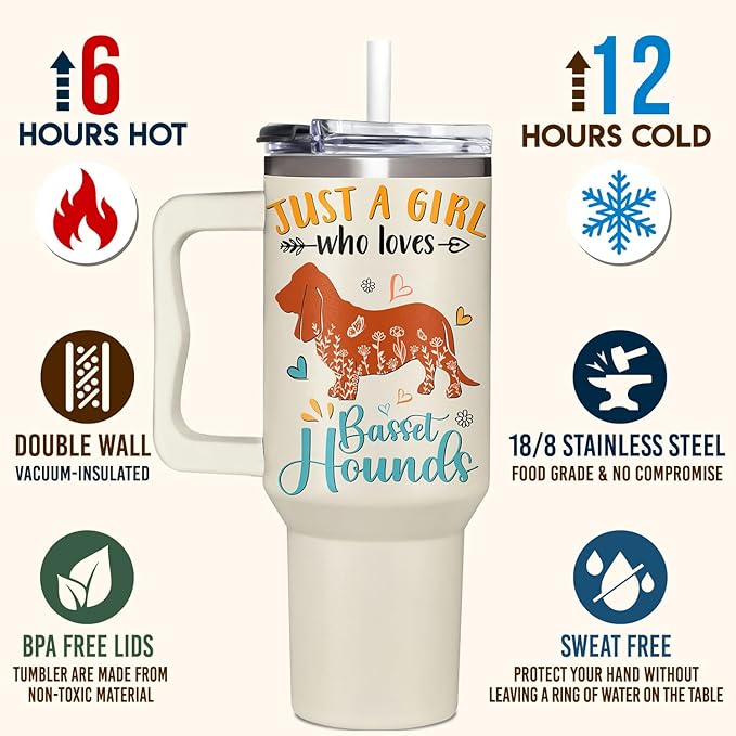 Basset Hound Gifts for Girls & Women, Christmas and Mother's Day Gifts for Basset Hound Lovers, Birthday Present Idea for Dog Owners, Dog Mom 40oz Tumbler with Handle & Straw